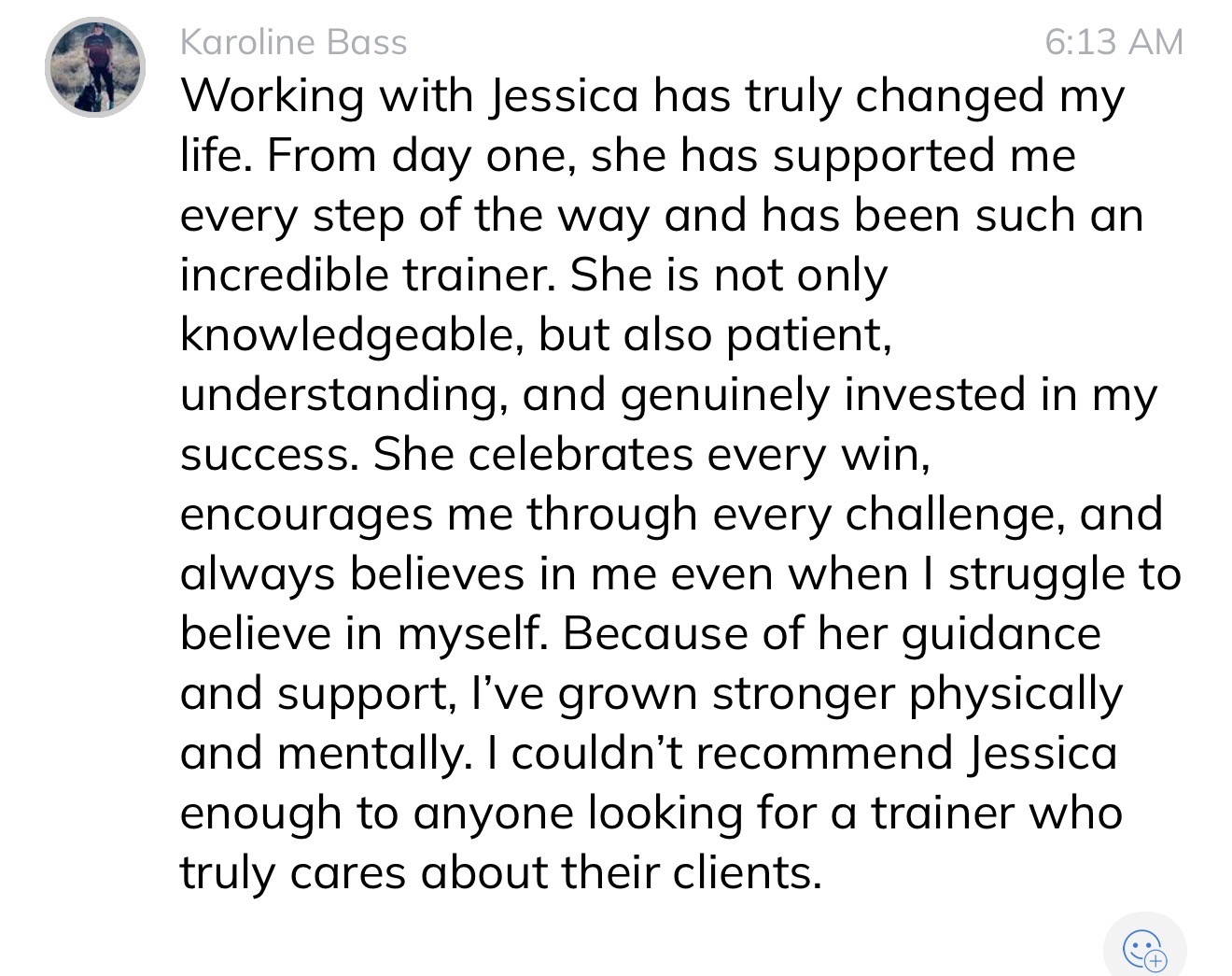 Client testimonial message from Karoline Bass about coaching with Jess